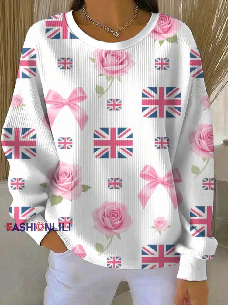 Women’s British Rose Printed Ribbed Round-Neck Sweatshirt As picture / S