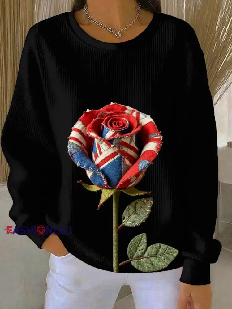 Women’s British Rose Printed Ribbed Round-Neck Sweatshirt Black / S