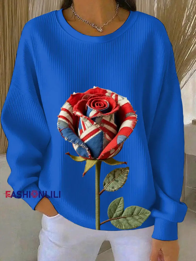 Women’s British Rose Printed Ribbed Round-Neck Sweatshirt Blue / S