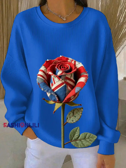 Women’s British Rose Printed Ribbed Round-Neck Sweatshirt Blue / S