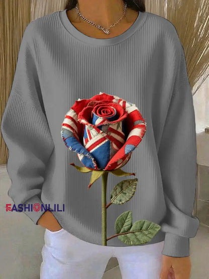 Women’s British Rose Printed Ribbed Round-Neck Sweatshirt Gray / S