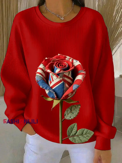 Women’s British Rose Printed Ribbed Round-Neck Sweatshirt Red / S