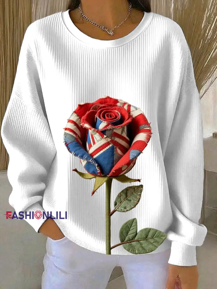 Women’s British Rose Printed Ribbed Round-Neck Sweatshirt White / S
