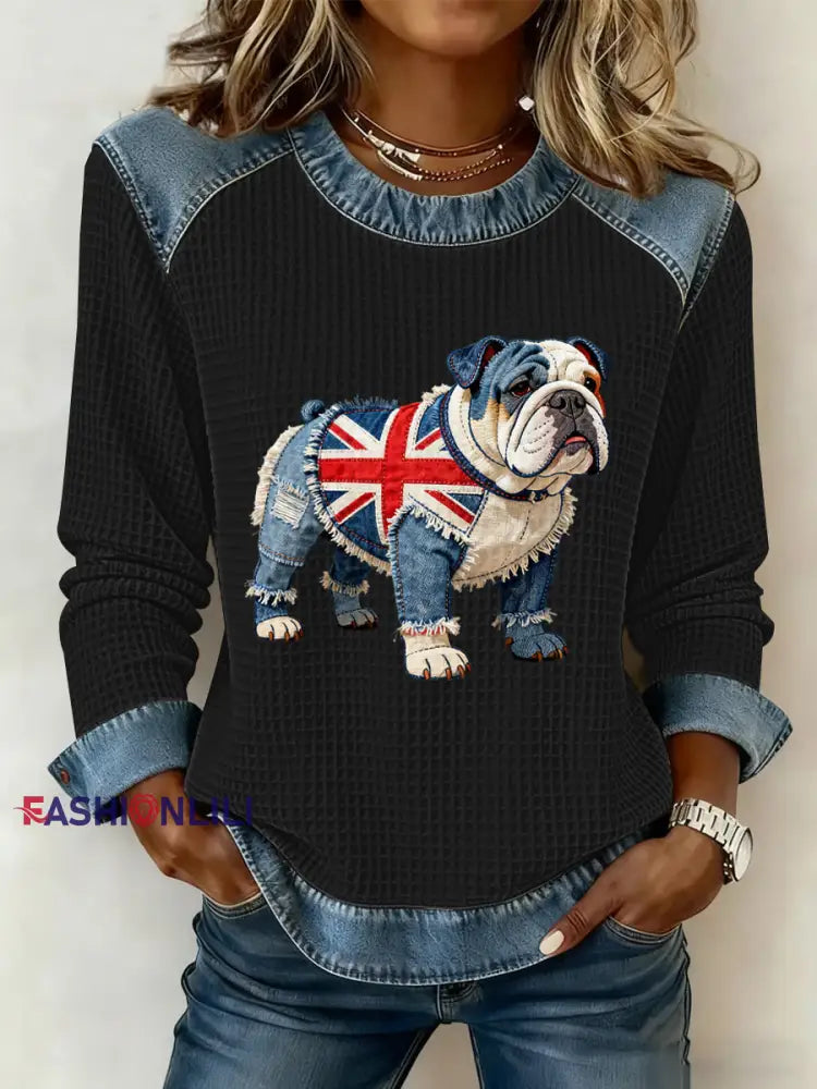 Women’s British Style Bulldog Flowers Print Waffle Sweatshirt Black / S