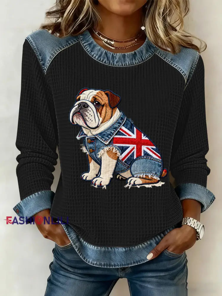 Women’s British Style Bulldog Flowers Print Waffle Sweatshirt Black / S