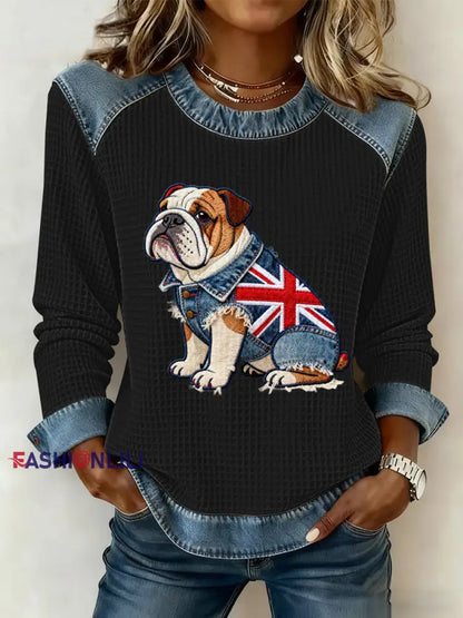 Women’s British Style Bulldog Flowers Print Waffle Sweatshirt Black / S