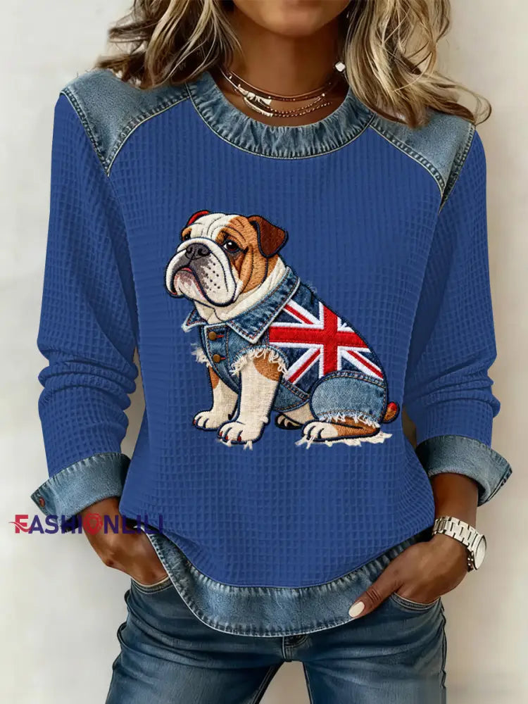 Women’s British Style Bulldog Flowers Print Waffle Sweatshirt Blue / S