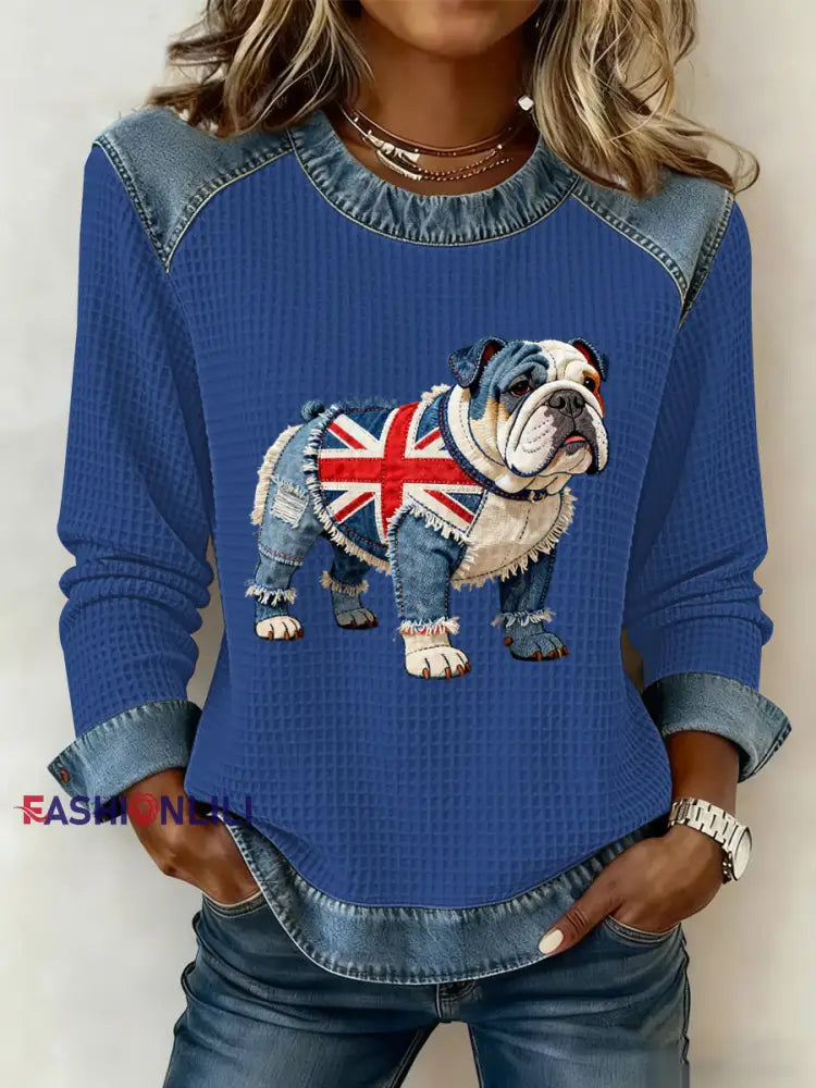 Women’s British Style Bulldog Flowers Print Waffle Sweatshirt Blue / S
