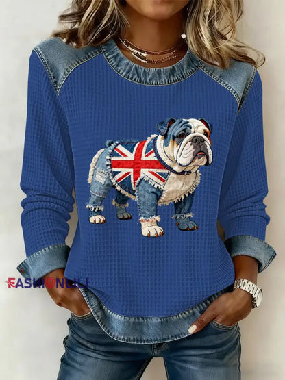 Women’s British Style Bulldog Flowers Print Waffle Sweatshirt Blue / S