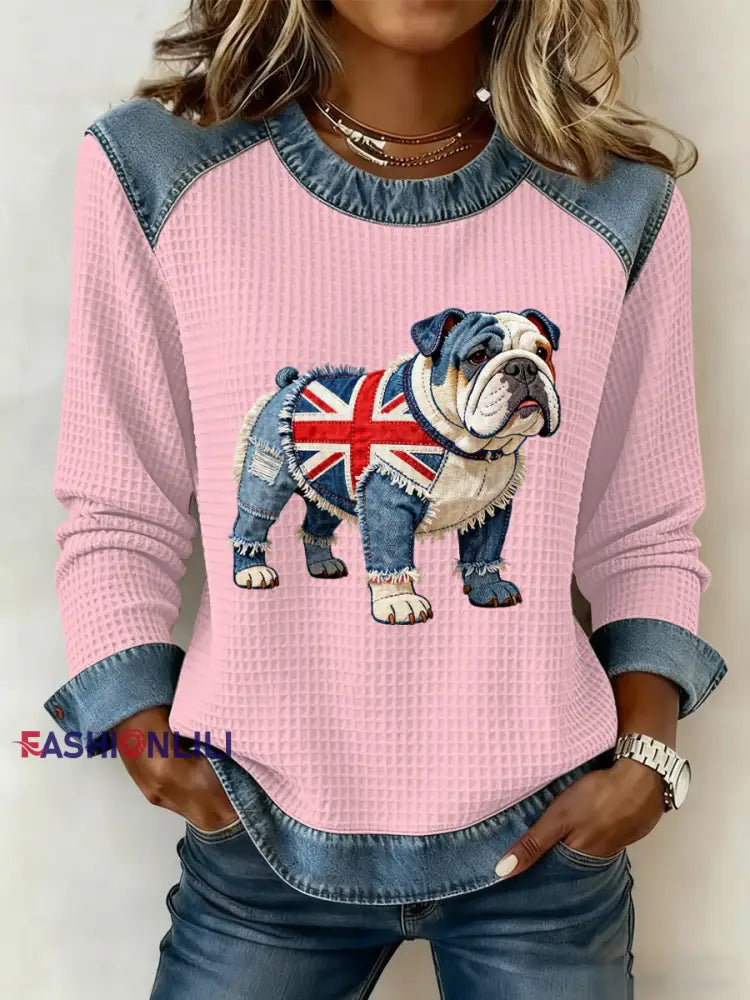 Women’s British Style Bulldog Flowers Print Waffle Sweatshirt Pink / S