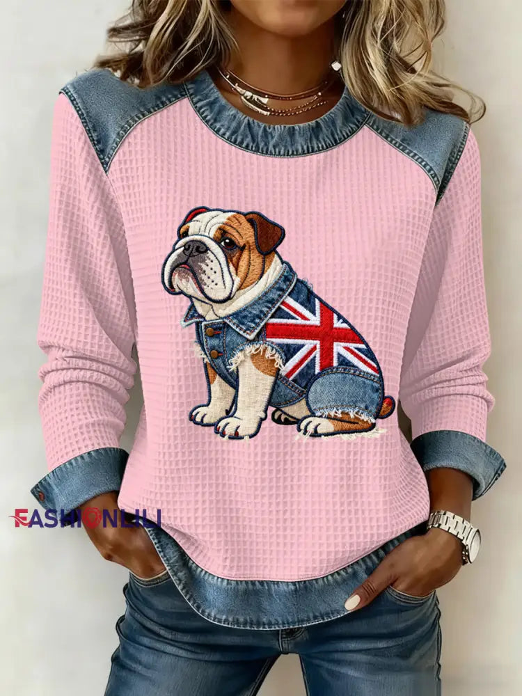 Women’s British Style Bulldog Flowers Print Waffle Sweatshirt Pink / S