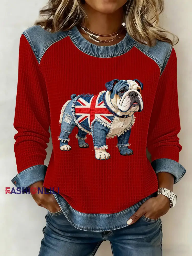 Women’s British Style Bulldog Flowers Print Waffle Sweatshirt Red / S