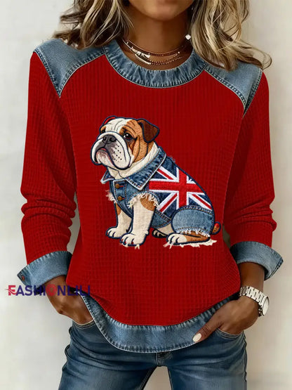 Women’s British Style Bulldog Flowers Print Waffle Sweatshirt Red / S