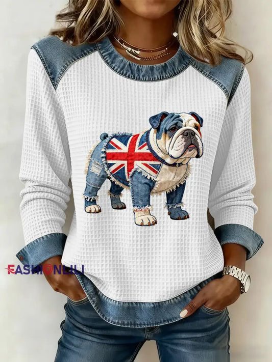 Women’s British Style Bulldog Flowers Print Waffle Sweatshirt White / S