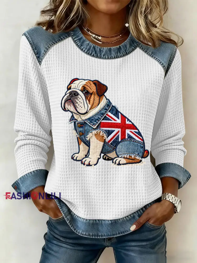 Women’s British Style Bulldog Flowers Print Waffle Sweatshirt White / S