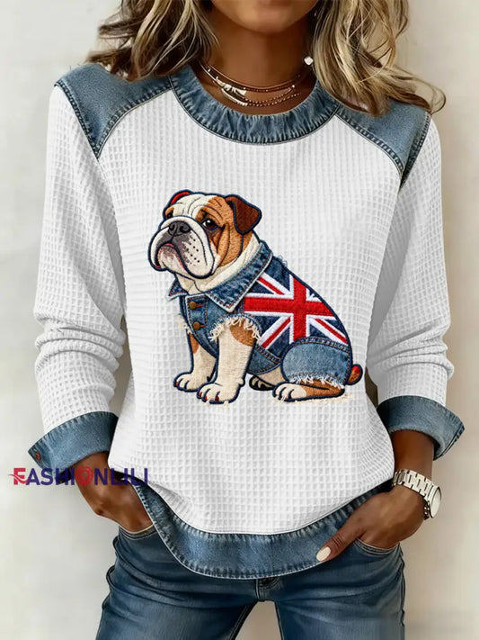 Women’s British Style Bulldog Flowers Print Waffle Sweatshirt White / S