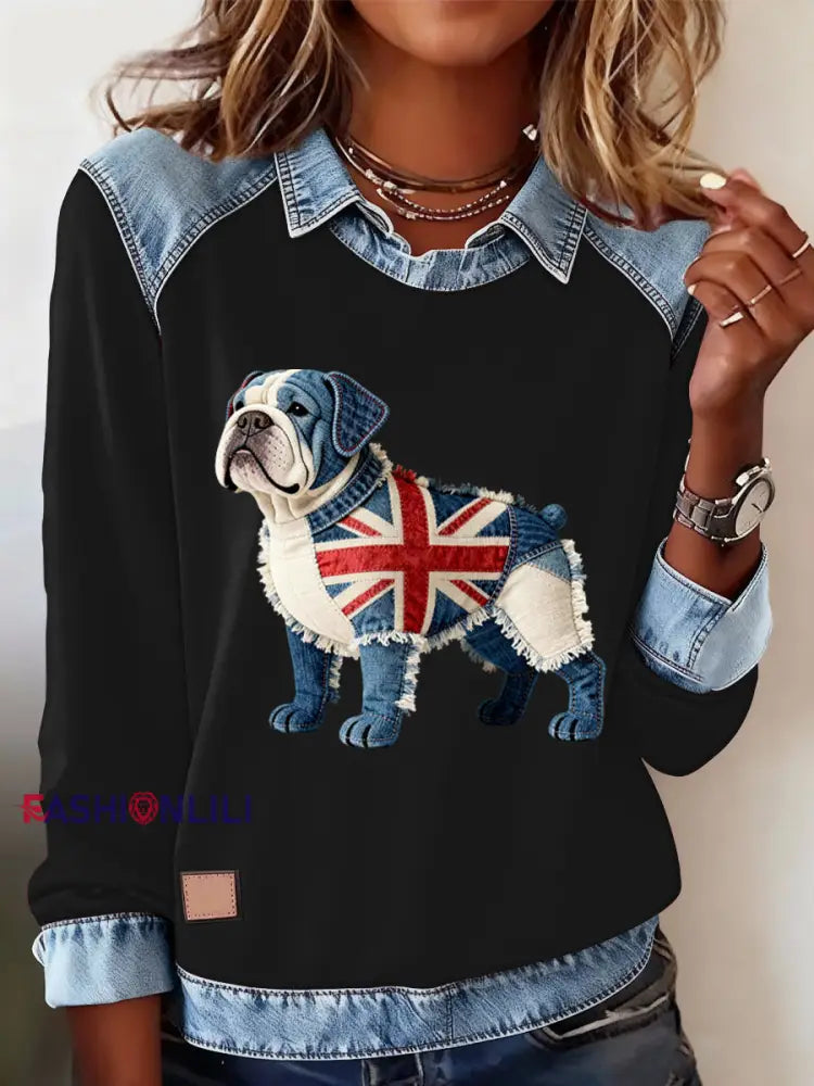 Women’s British Style Bulldog Labrador Print Casual Top Black / S