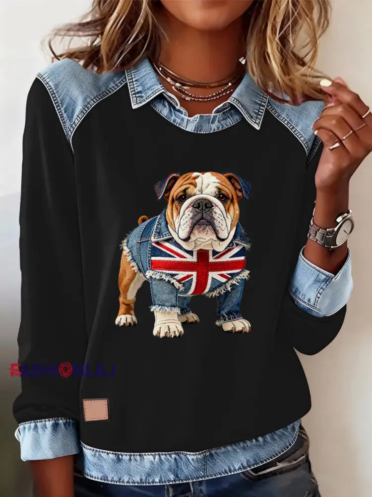 Women’s British Style Bulldog Labrador Print Casual Top Black / S