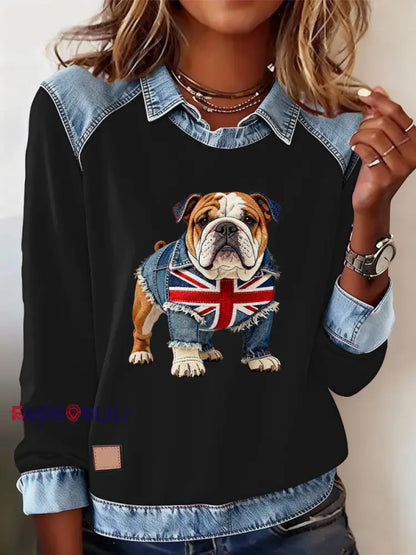 Women’s British Style Bulldog Labrador Print Casual Top Black / S