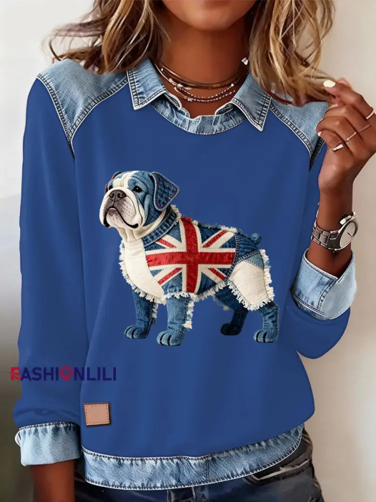 Women’s British Style Bulldog Labrador Print Casual Top Blue / S