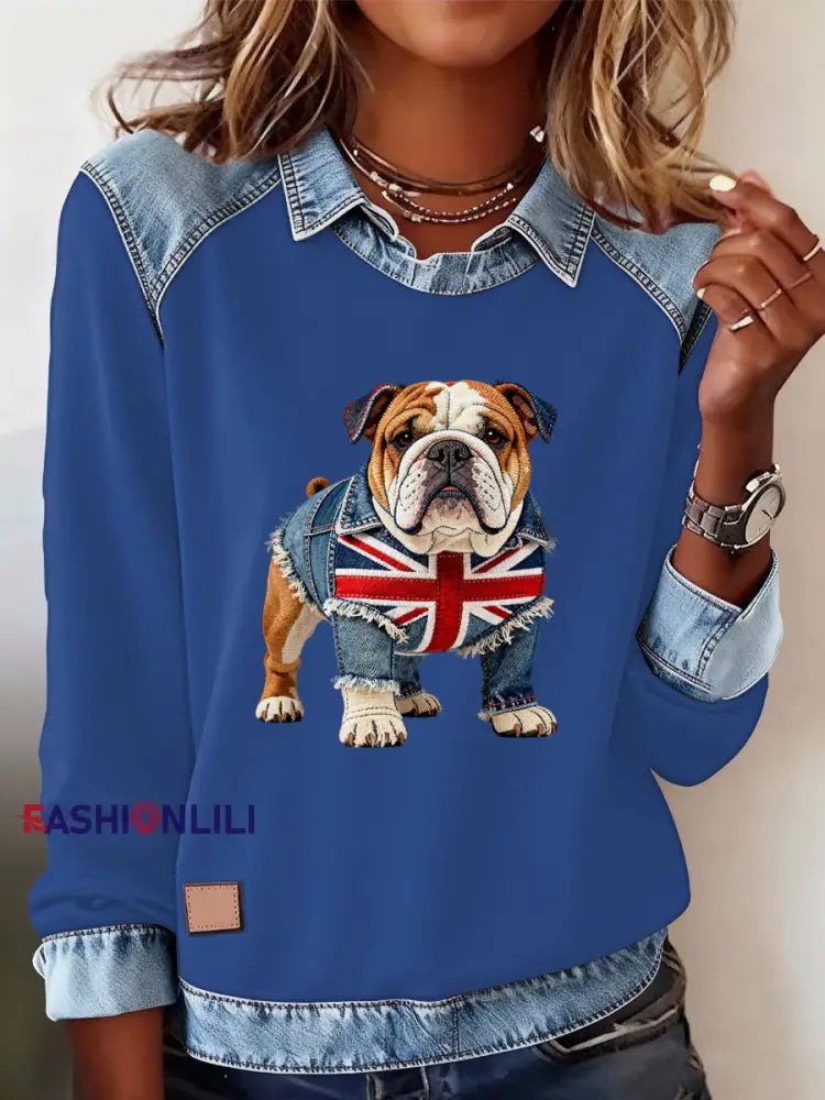 Women’s British Style Bulldog Labrador Print Casual Top Blue / S