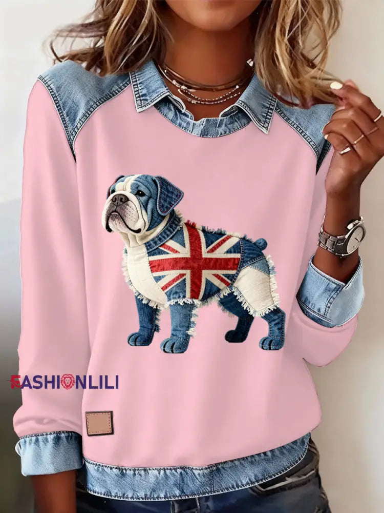 Women’s British Style Bulldog Labrador Print Casual Top Pink / S