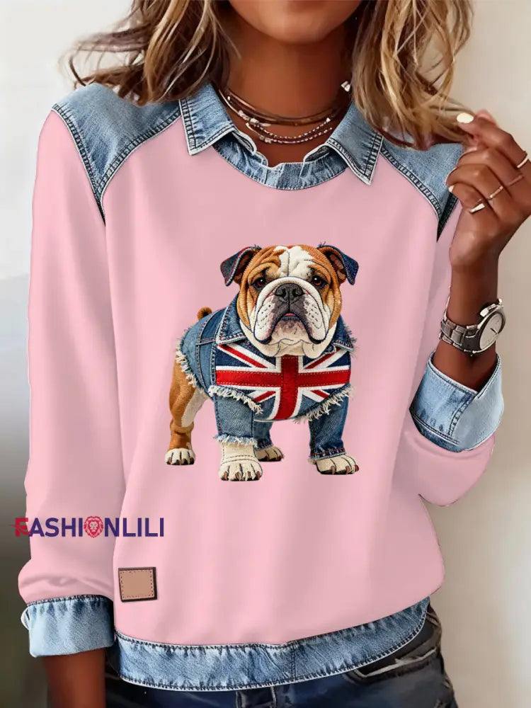Women’s British Style Bulldog Labrador Print Casual Top Pink / S