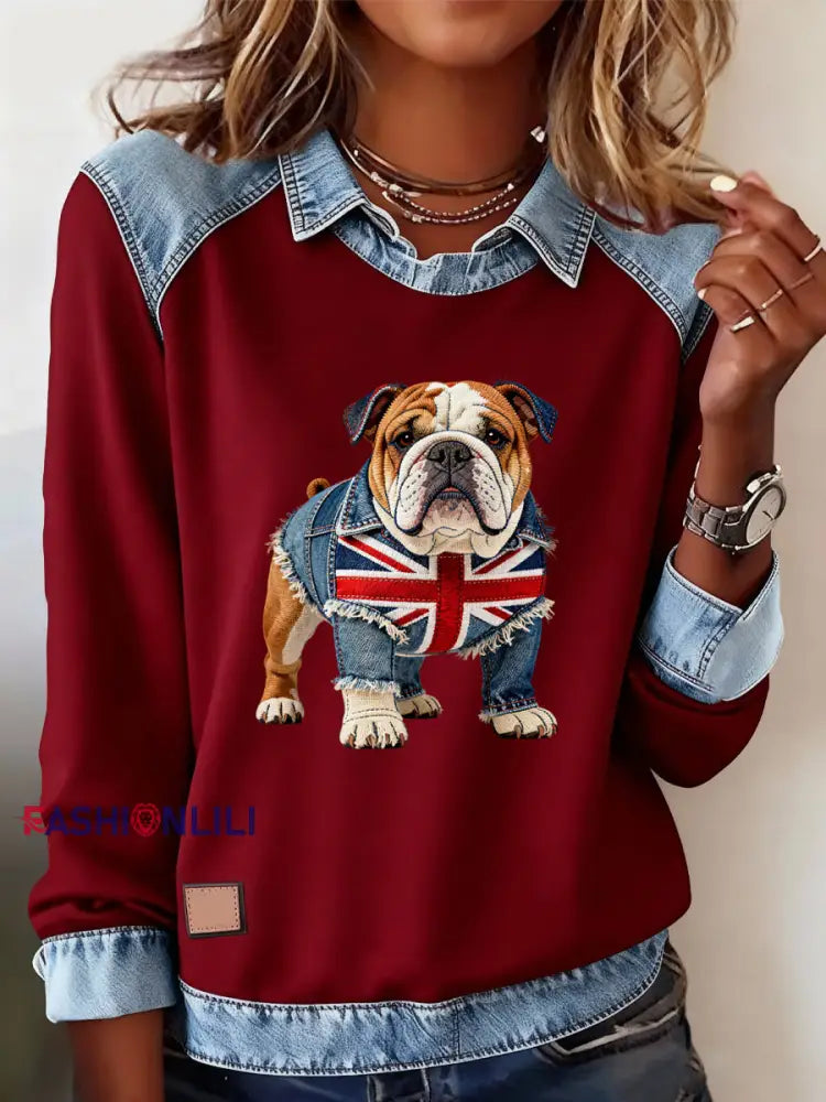 Women’s British Style Bulldog Labrador Print Casual Top Red / S