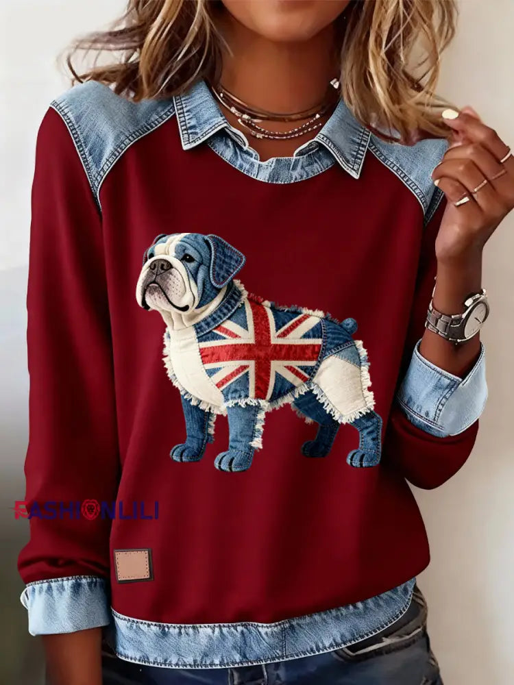 Women’s British Style Bulldog Labrador Print Casual Top Red / S