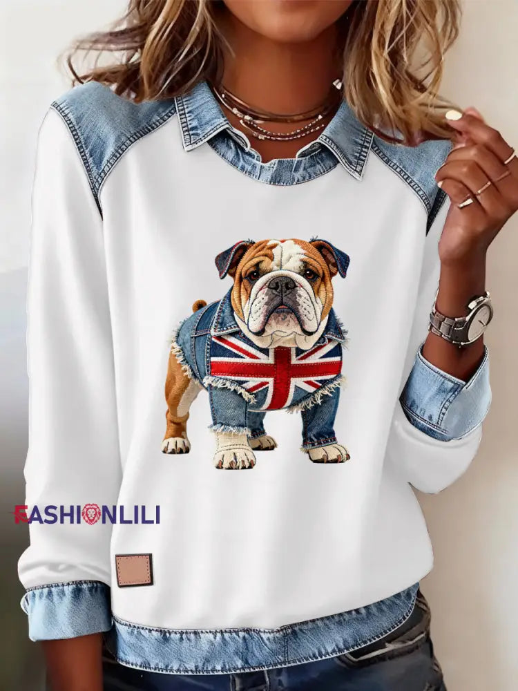 Women’s British Style Bulldog Labrador Print Casual Top White / S