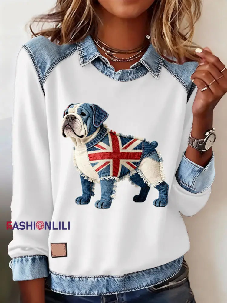 Women’s British Style Bulldog Labrador Print Casual Top White / S