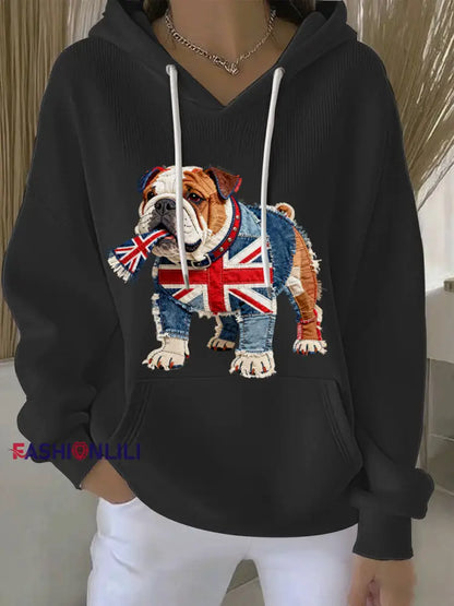 Women’s British Style Bulldog Print Casual Hoodie Black / S