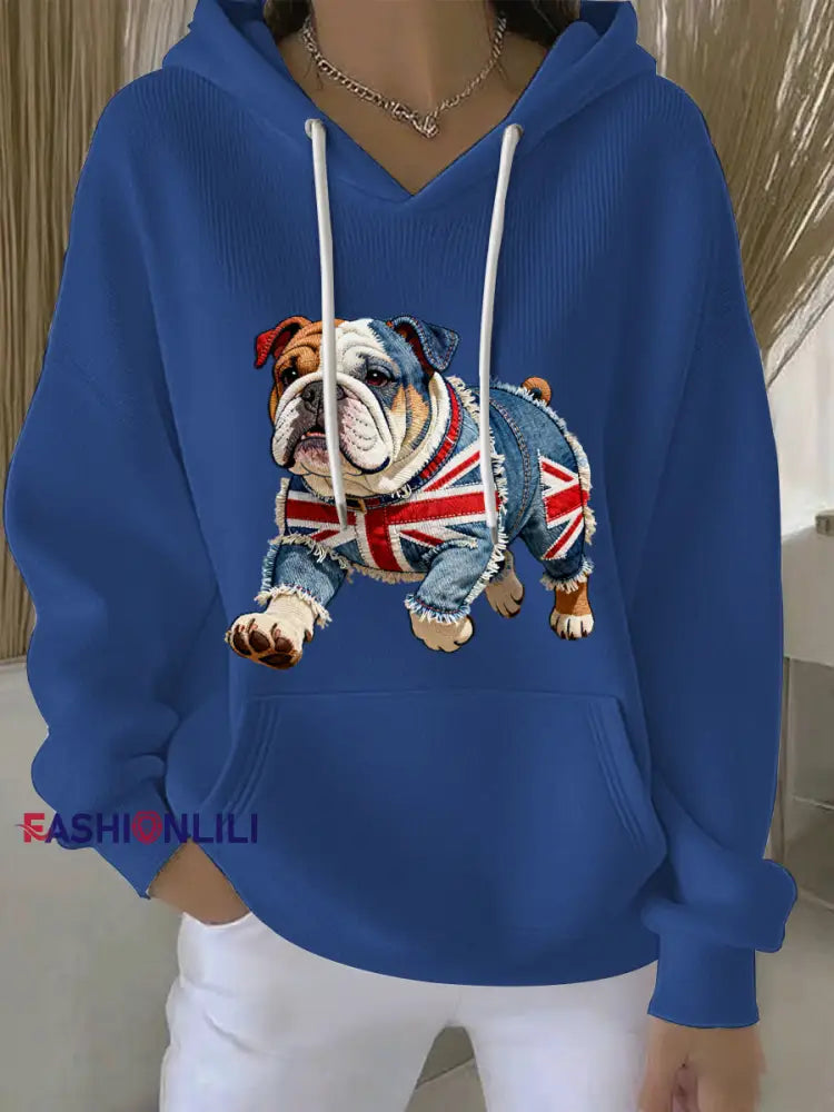 Women’s British Style Bulldog Print Casual Hoodie Blue / S