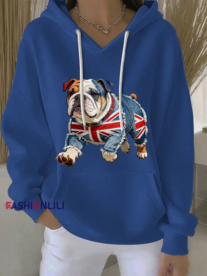 Women’s British Style Bulldog Print Casual Hoodie Blue / S