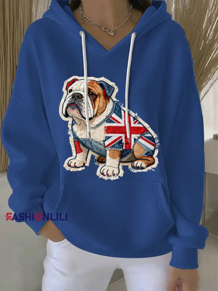 Women’s British Style Bulldog Print Casual Hoodie Blue / S