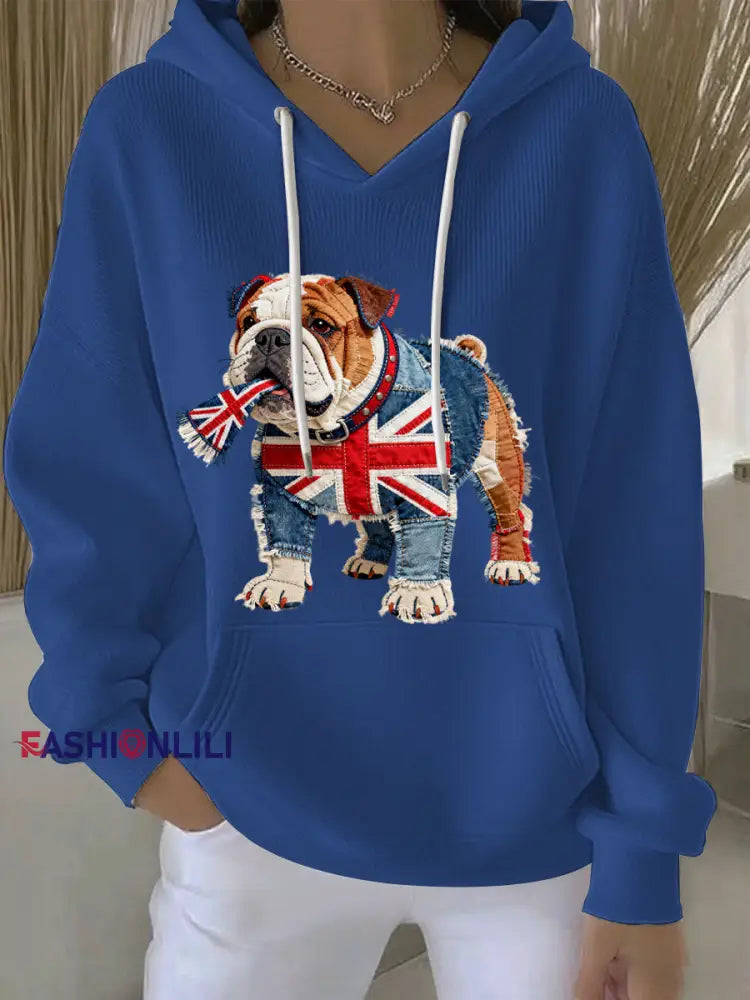 Women’s British Style Bulldog Print Casual Hoodie Blue / S