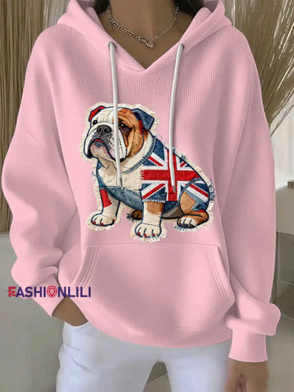 Women’s British Style Bulldog Print Casual Hoodie Pink / S