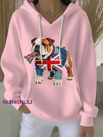 Women’s British Style Bulldog Print Casual Hoodie Pink / S