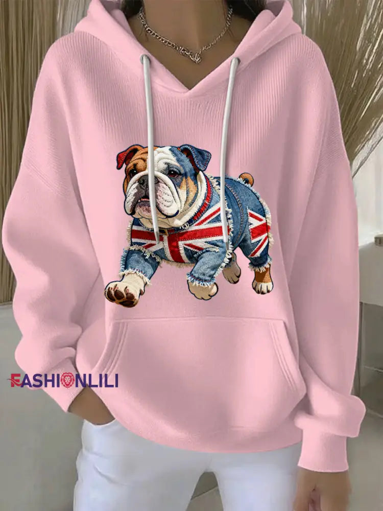 Women’s British Style Bulldog Print Casual Hoodie Pink / S
