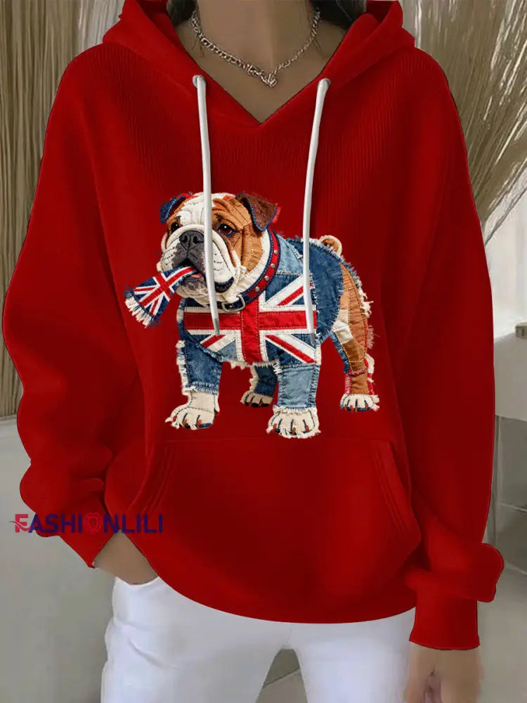 Women’s British Style Bulldog Print Casual Hoodie Red / S