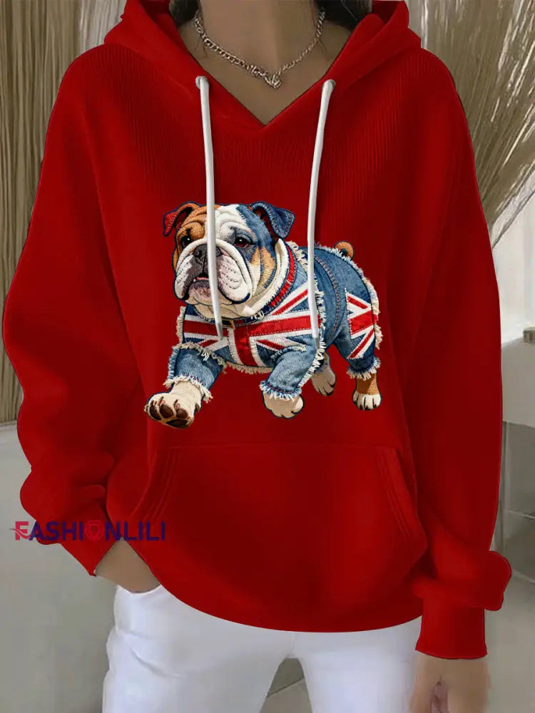 Women’s British Style Bulldog Print Casual Hoodie Red / S