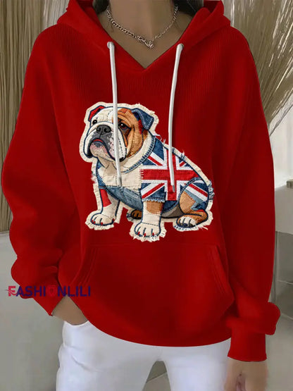 Women’s British Style Bulldog Print Casual Hoodie Red / S