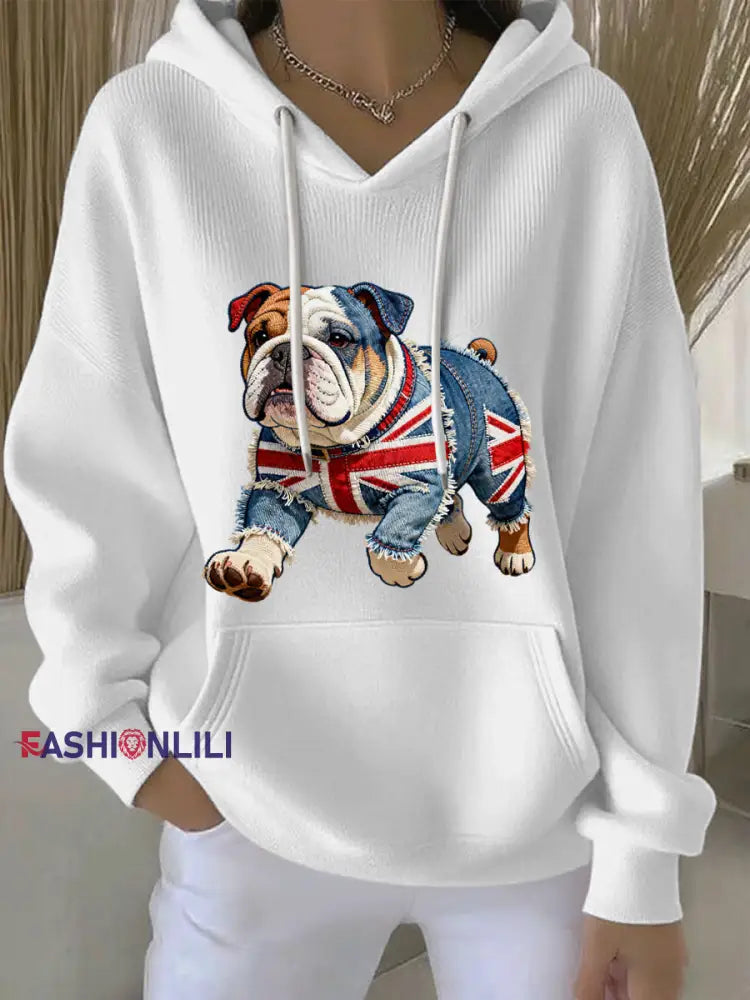 Women’s British Style Bulldog Print Casual Hoodie White / S