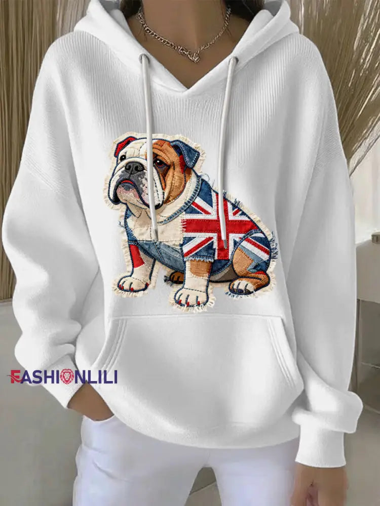 Women’s British Style Bulldog Print Casual Hoodie White / S