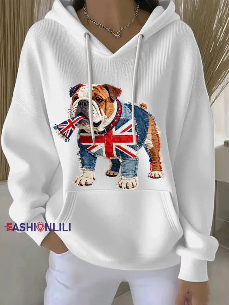 Women’s British Style Bulldog Print Casual Hoodie White / S