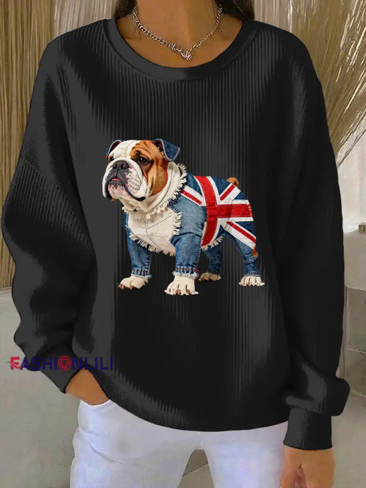 Women’s British Style Bulldog Print Casual Sweatshirt Black / S