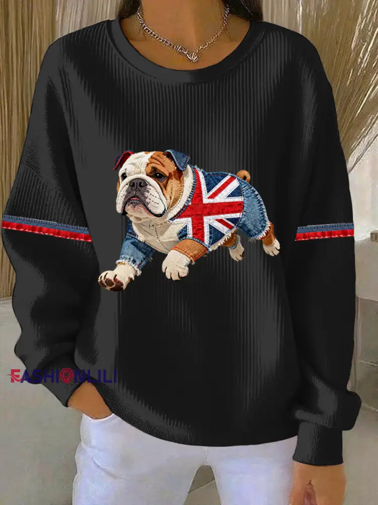 Women’s British Style Bulldog Print Casual Sweatshirt Black / S