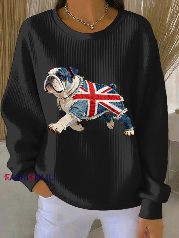 Women’s British Style Bulldog Print Casual Sweatshirt Black / S
