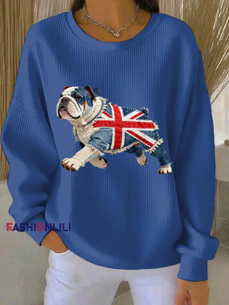Women’s British Style Bulldog Print Casual Sweatshirt Blue / S