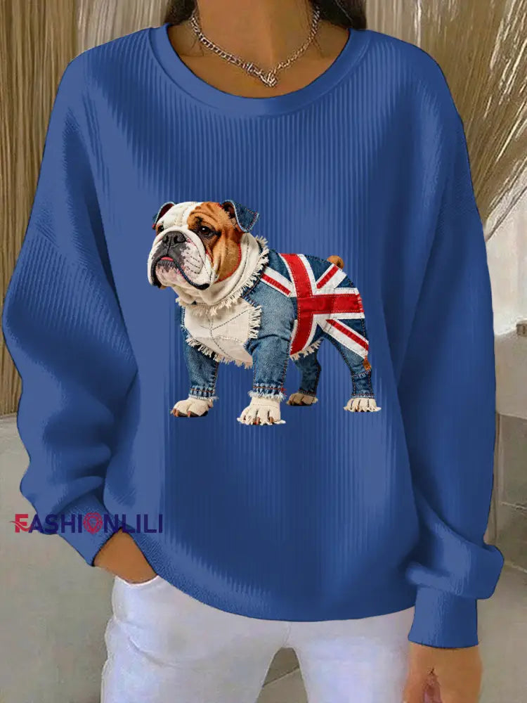 Women’s British Style Bulldog Print Casual Sweatshirt Blue / S